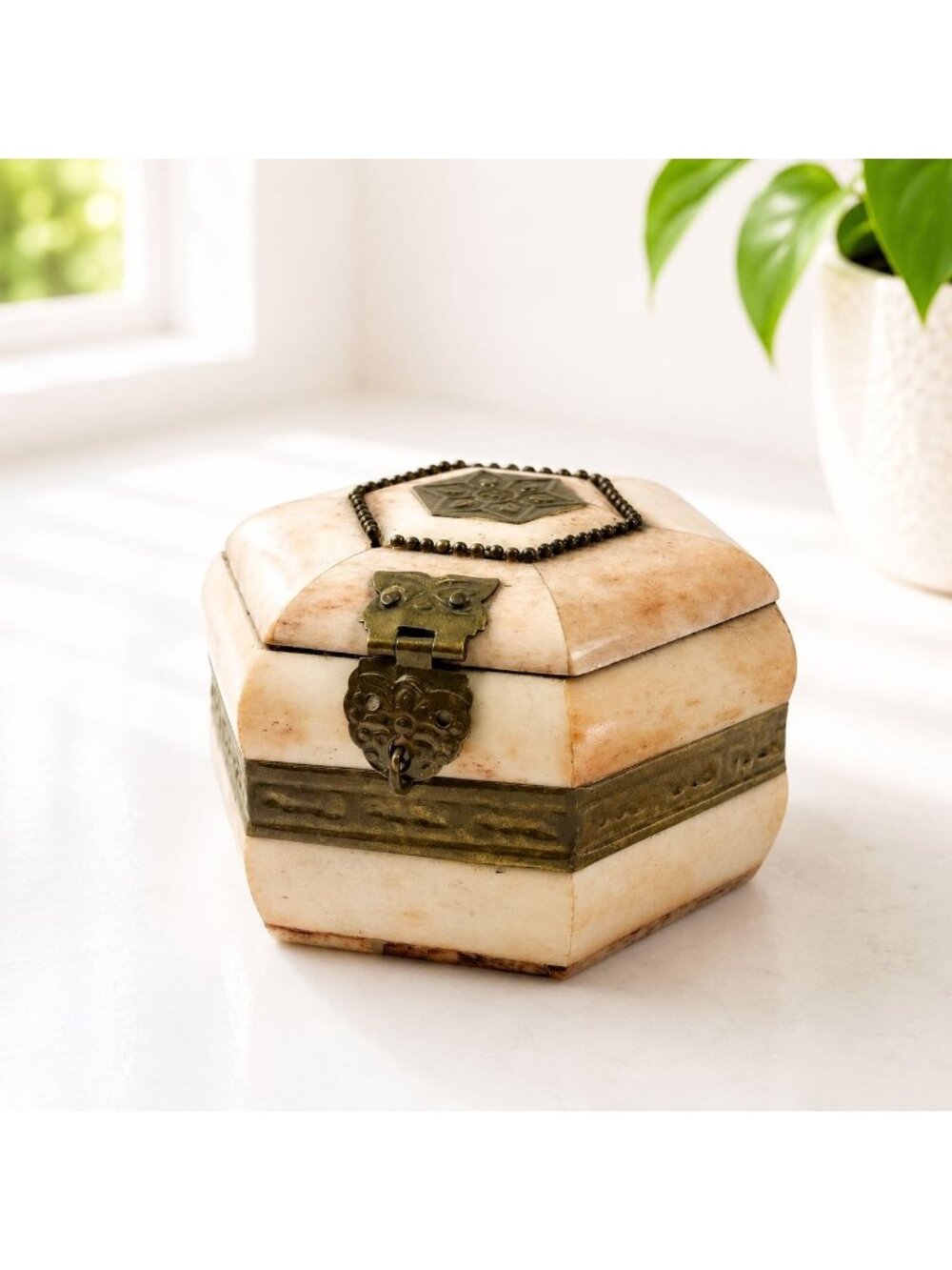 Vintage Hexagonal Camel Bone and Marble Trinket Box With Brass Accents & Velvet